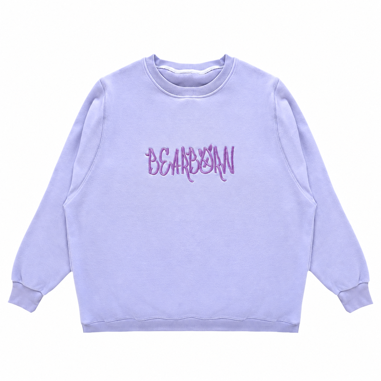 The Fuzzy Buzzy Sweatshirt in lavender with a purple embroidered Bearborn wordmark, flat front view